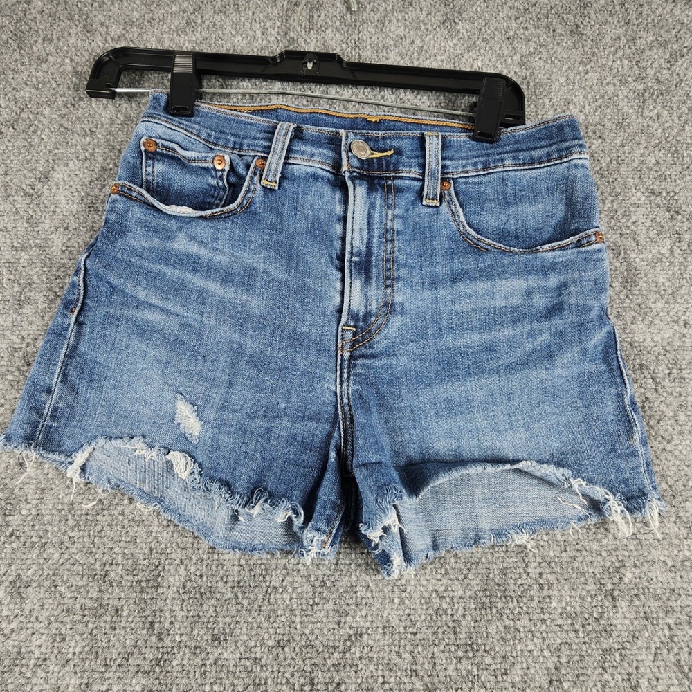 Levis Womens High Rise Medium Wash Distressed Denim Shorts Raw Hem Medium Blue - Picture 1 of 6